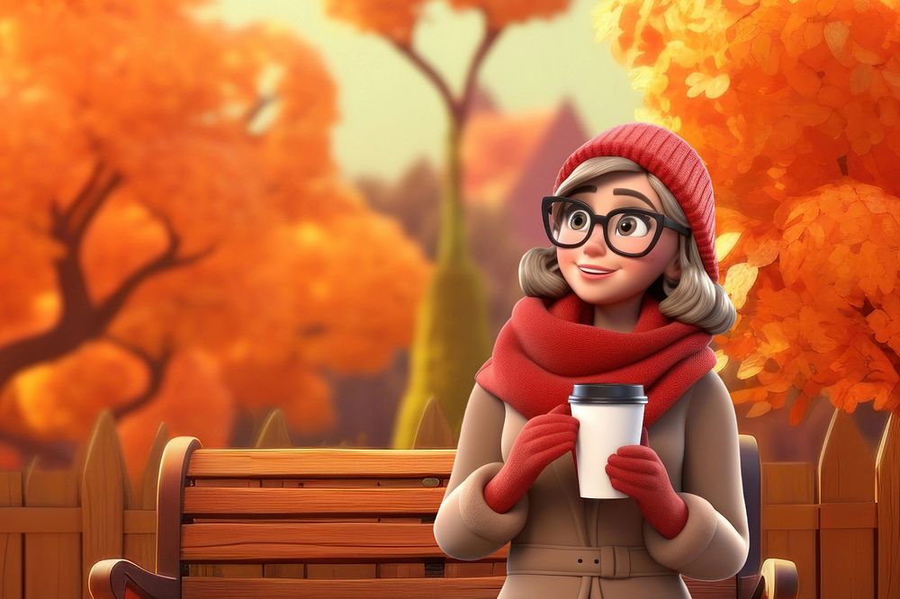 3D woman drinking coffee in Autumn park remix