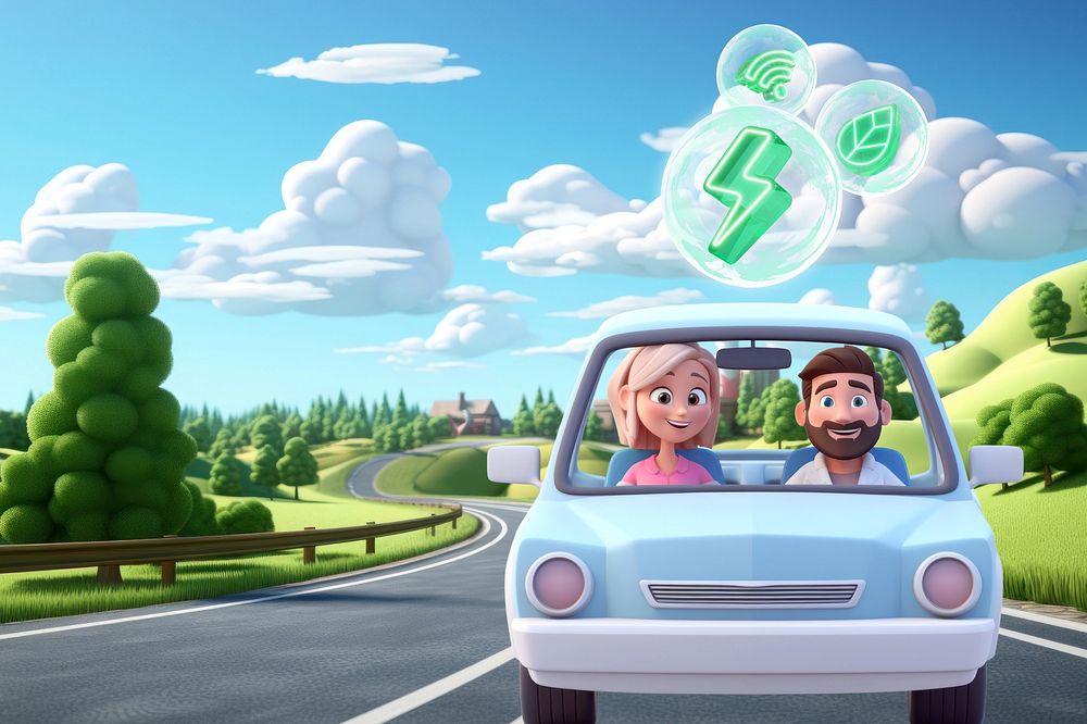 3D couple driving EV car, sustainable environment remix