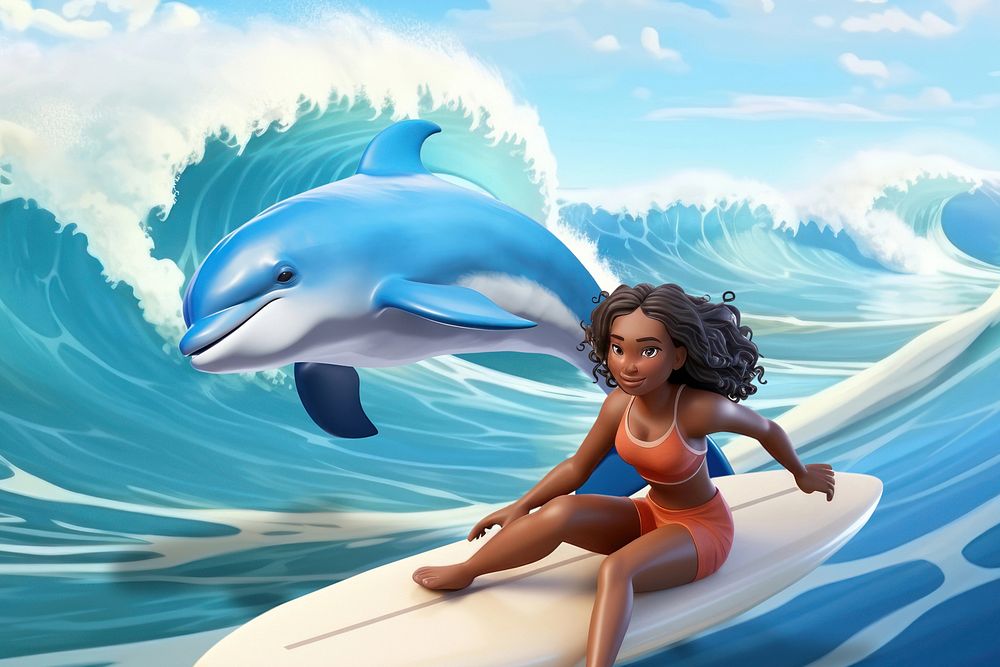 3D woman surfing in ocean remix