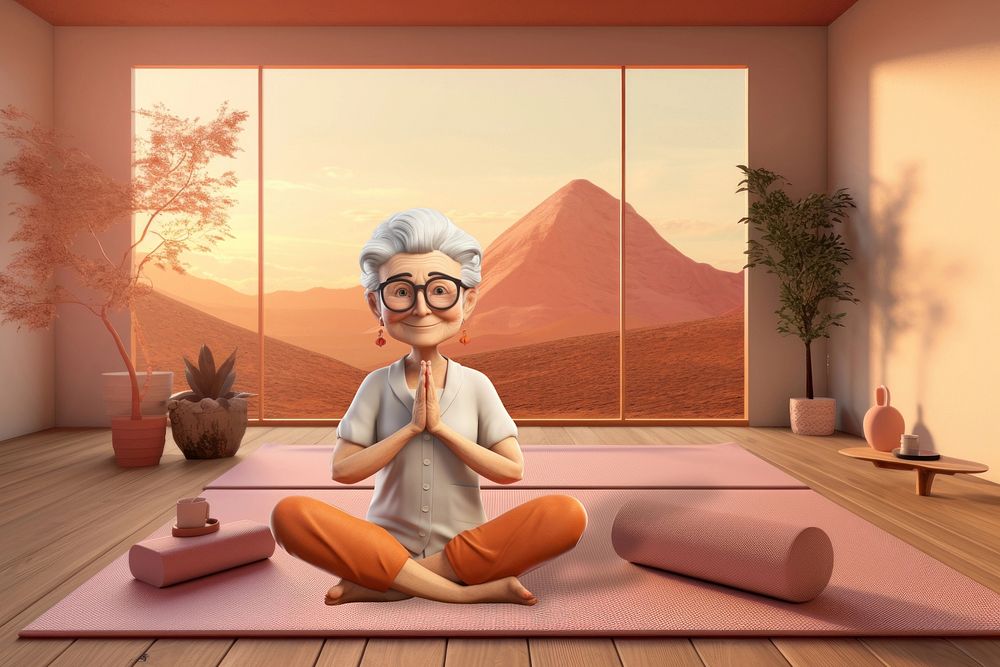 3D old woman doing yoga remix