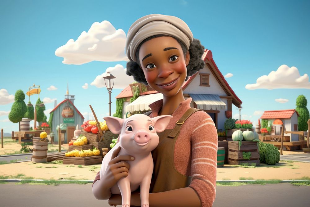 3D Woman farmer holding baby pig remix