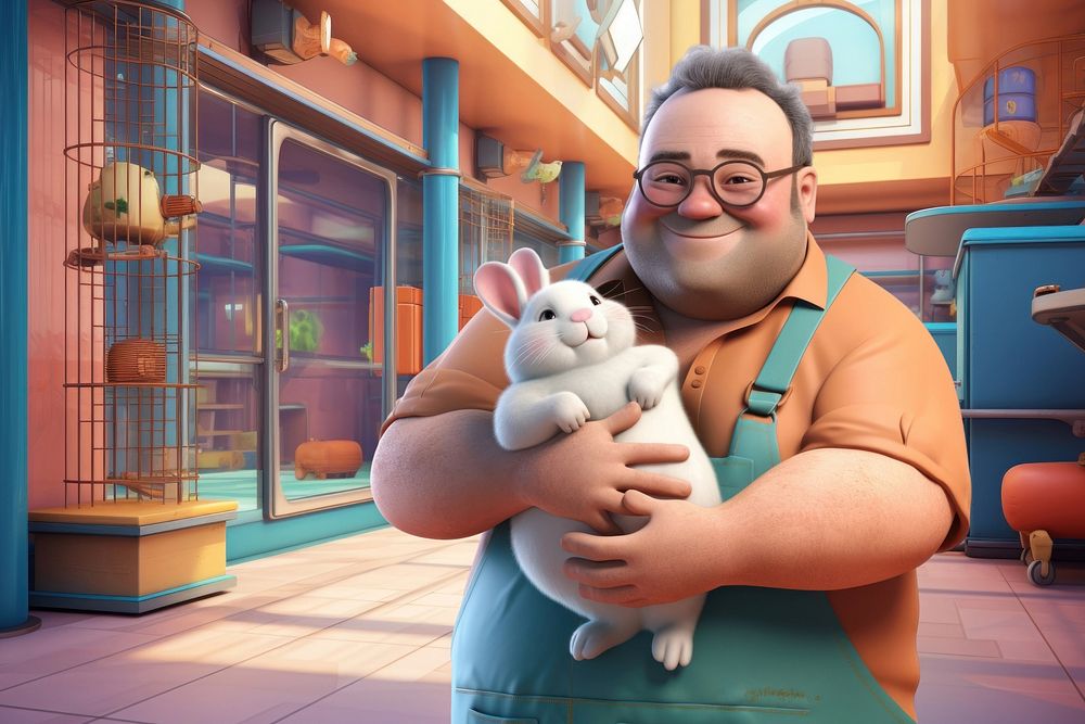 3D Pet shop owner holding bunny remix