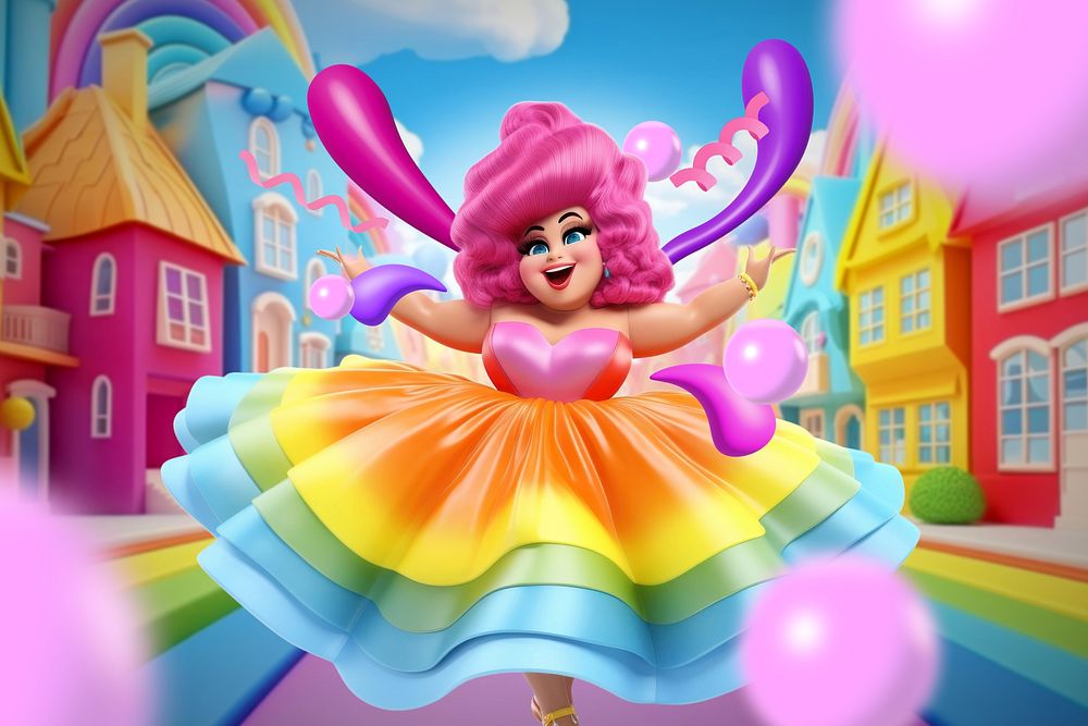 Colorful whimsical character in rainbow