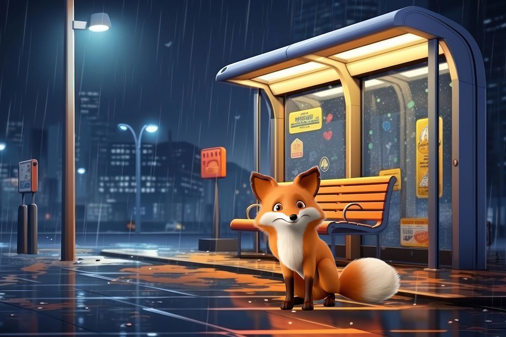 3D cute fox at a bus stop remix