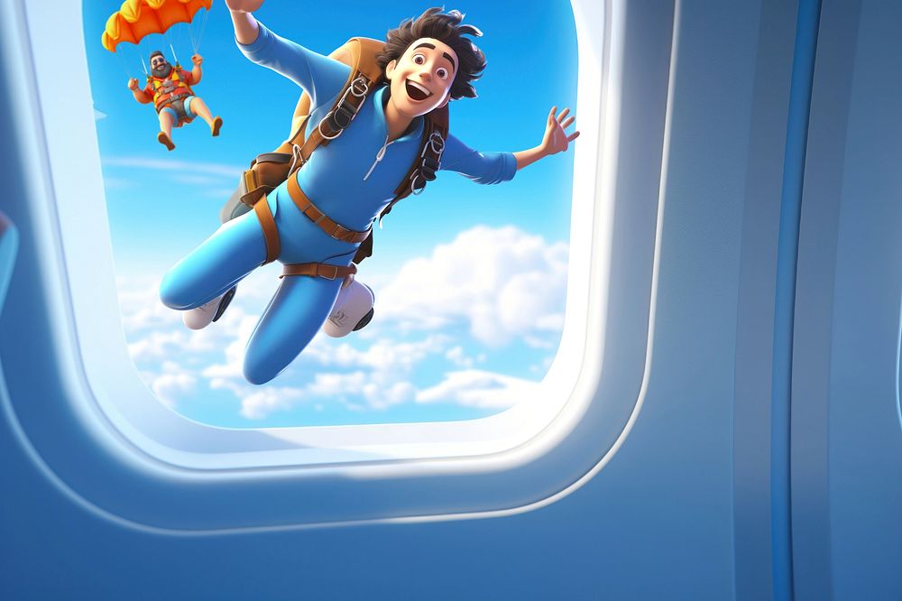 3D people skydiving, airplane window view remix