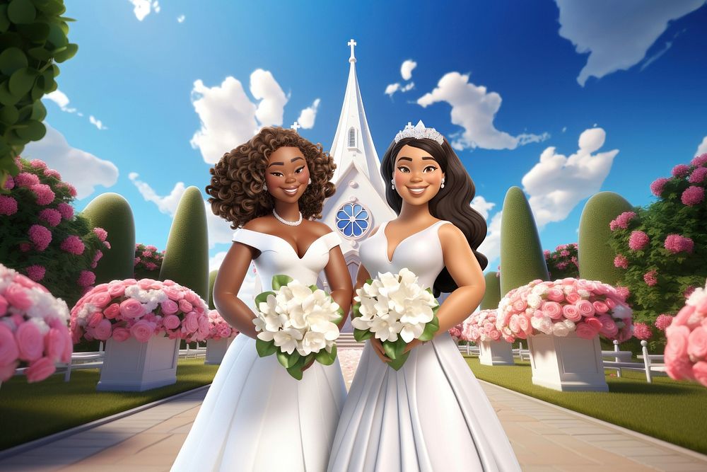 3D lesbian couple wedding, LGBTQ remix