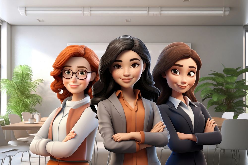 3D diverse businesswomen, teamwork remix