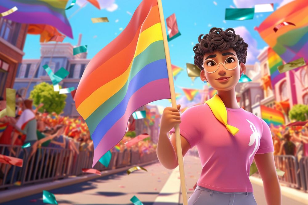 3D LGBTQ person holding pride flag remix