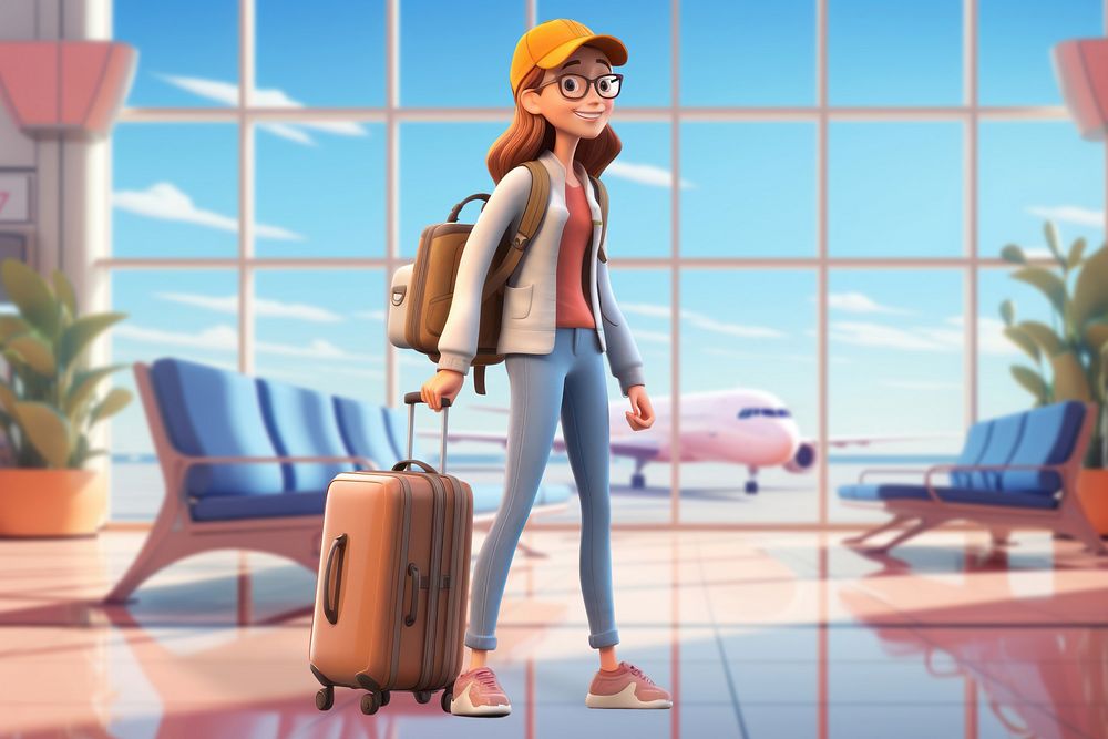 3D tourist woman at airport remix