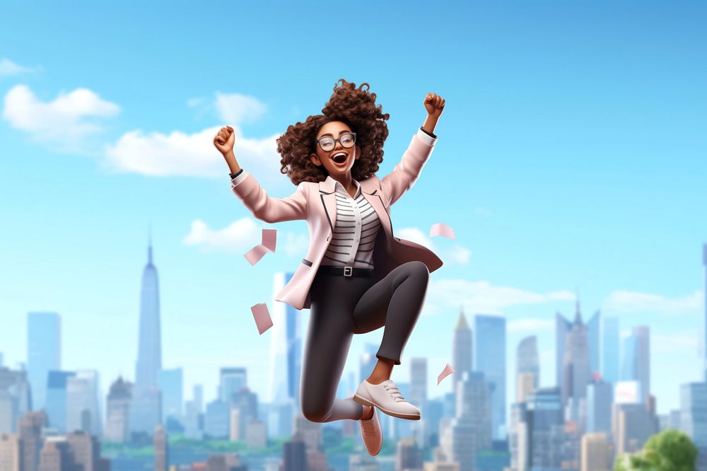 3D successful businesswoman jumping remix