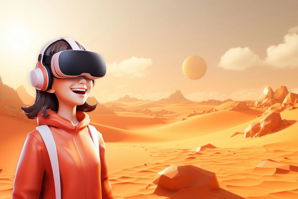 3D woman wearing VR, mars remix