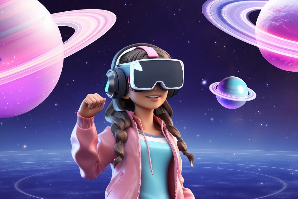 3D woman wearing VR, outer space remix