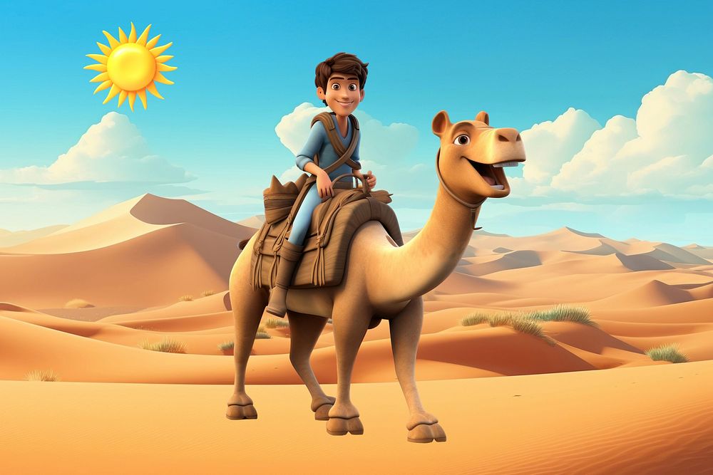 3D man riding camel in desert remix