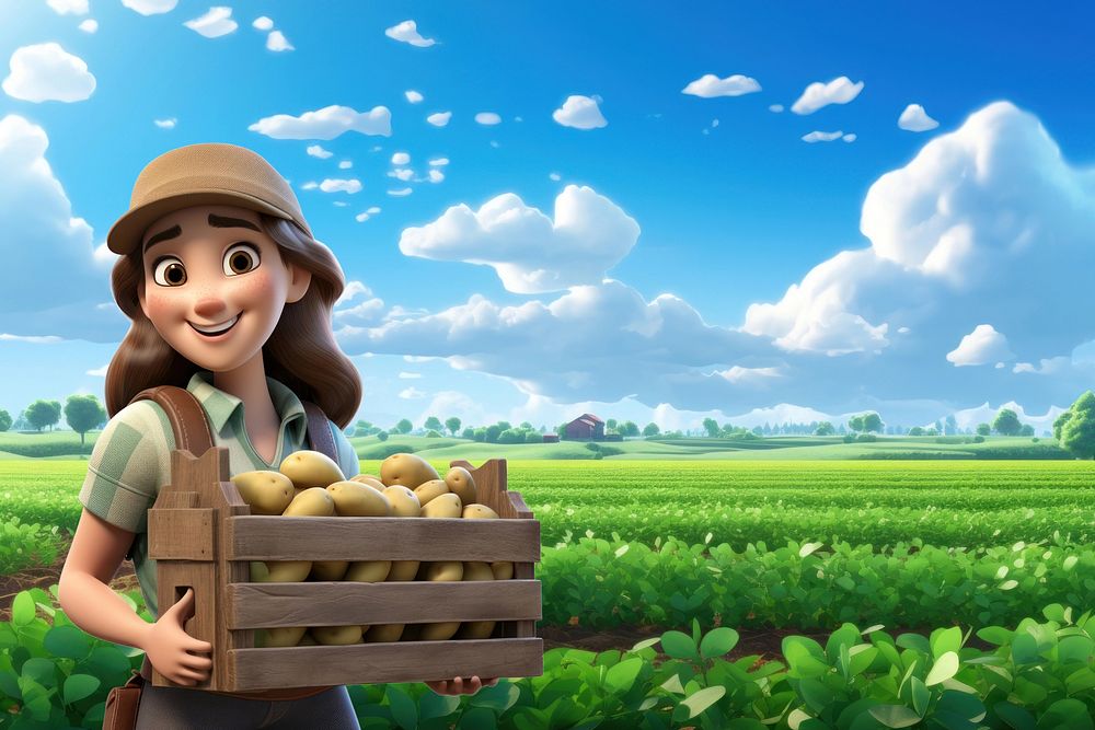 3D farmer girl holding potato crate remix