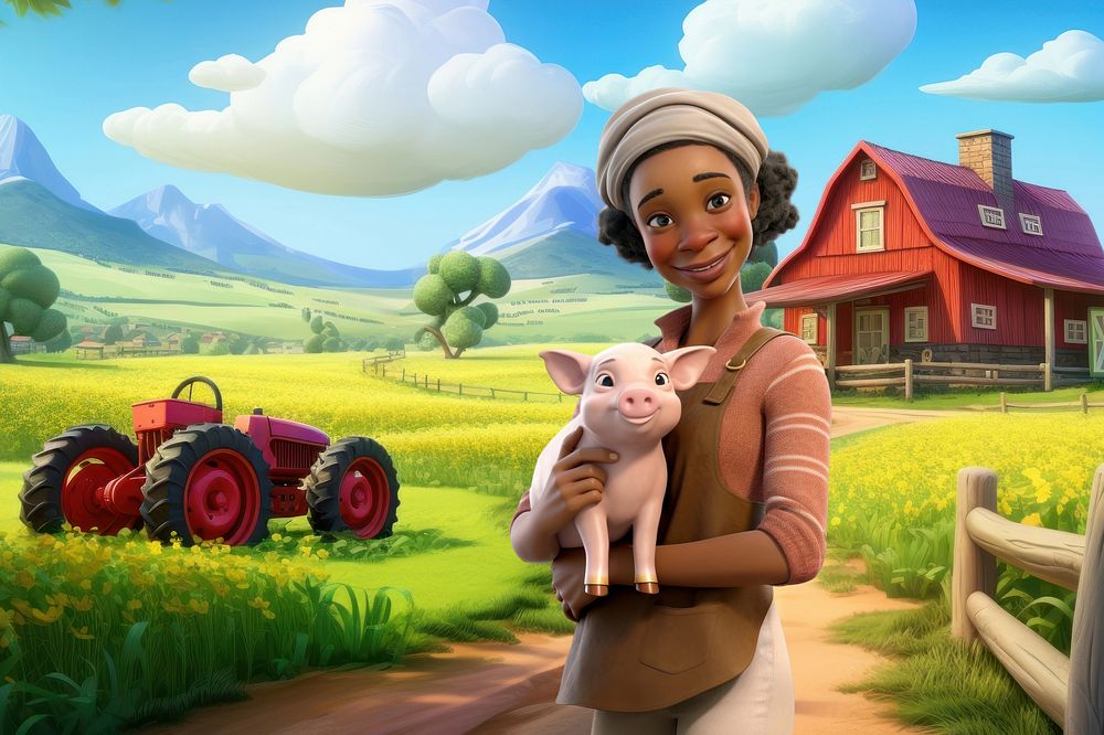 3D farm girl holding little pig remix