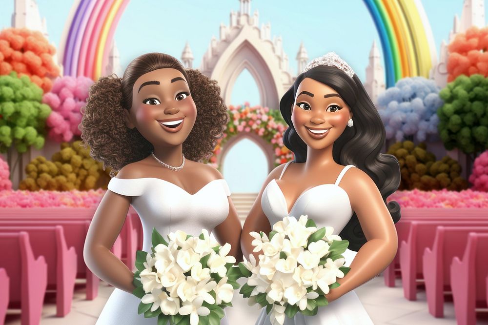 3D lesbian couple wedding, LGBTQ remix