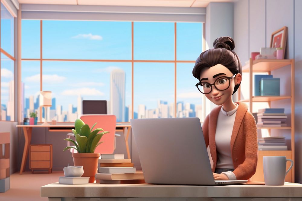 3D woman working at office remix