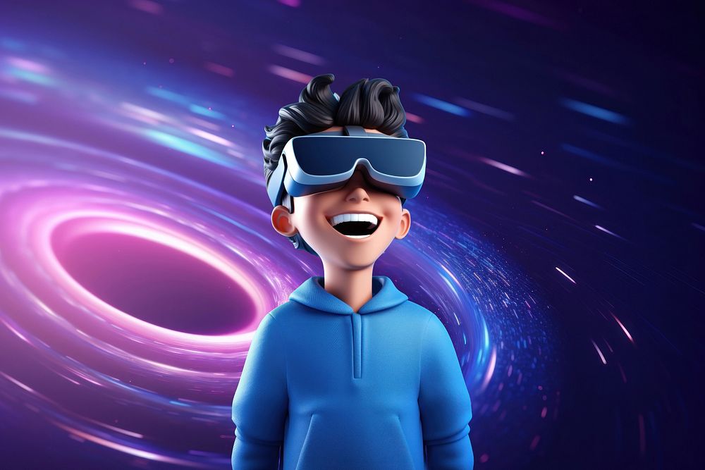 3D boy wearing VR, outer space remix