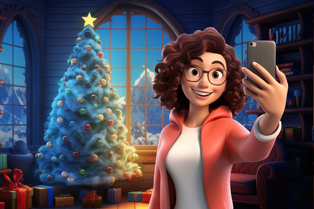 3D woman taking selfies during Christmas remix