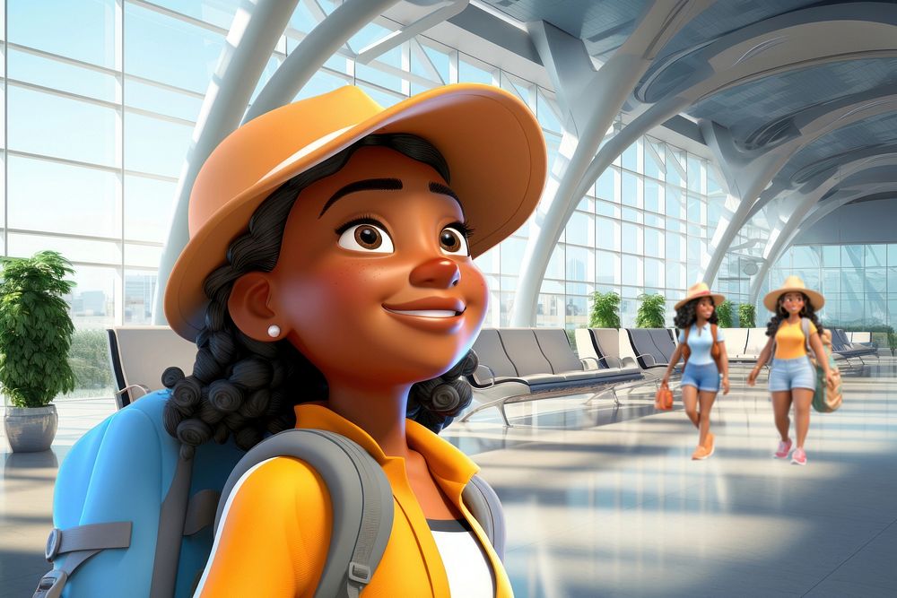 3D tourist woman at airport remix