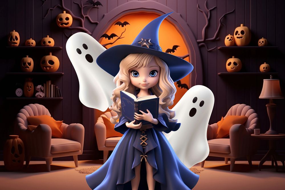 3D Halloween witch holding spell book remix