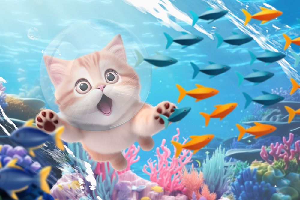 3D cat diving ocean underwater remix