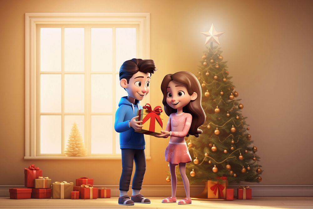 3D couple giving Christmas gift remix