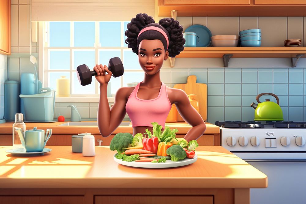 3D healthy woman with salad remix