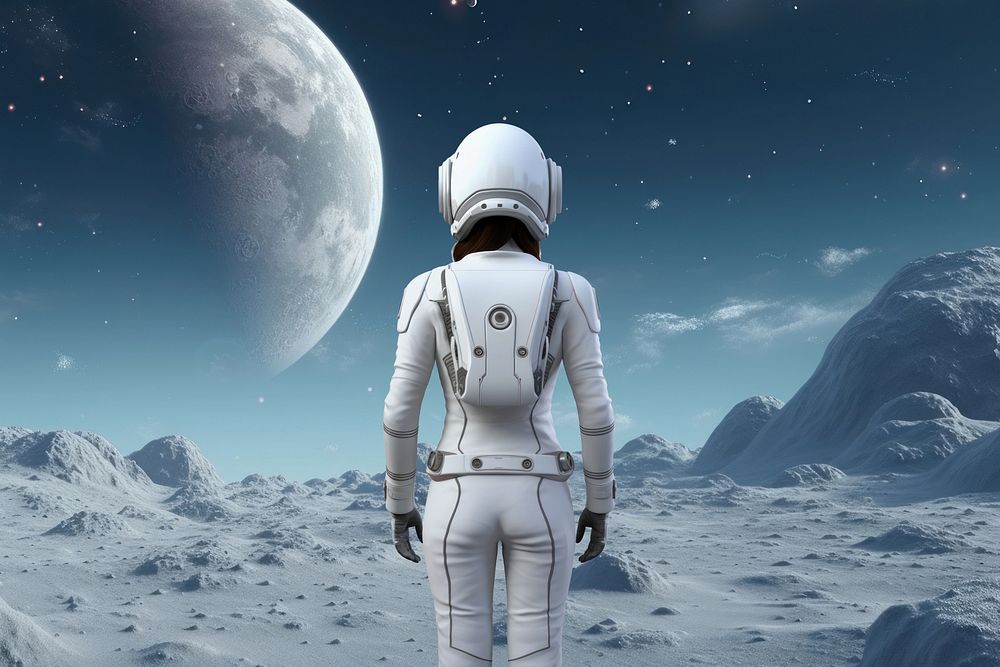 3D woman in spacesuit on planet remix