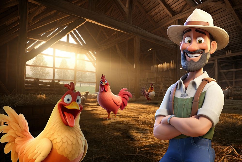 3D farmer in a barn with animals, agriculture remix