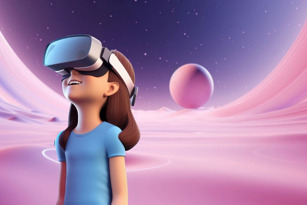 3D girl wearing VR, futuristic remix