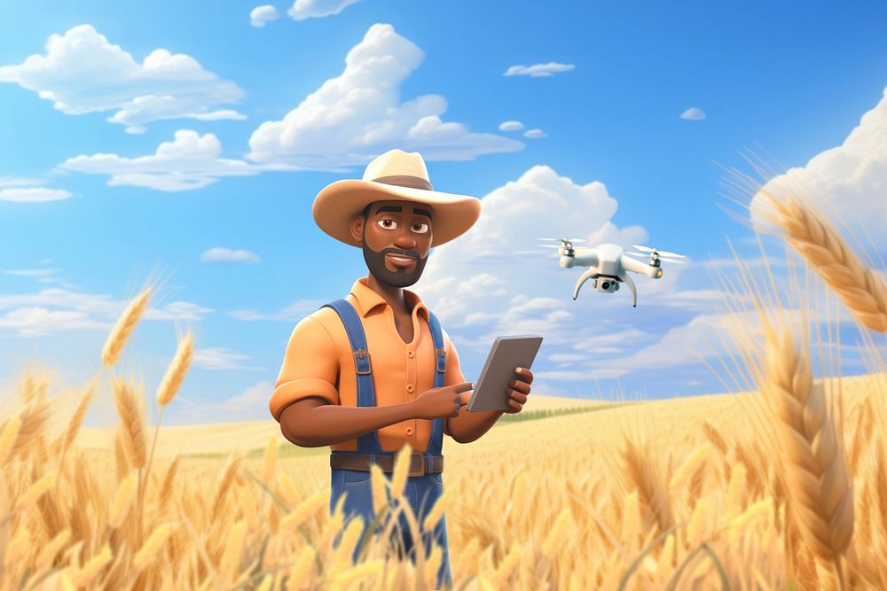 3D farmer using tablet, smart agriculture remix