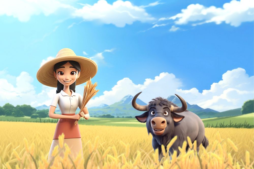 3D Asian rice farmer, agriculture remix