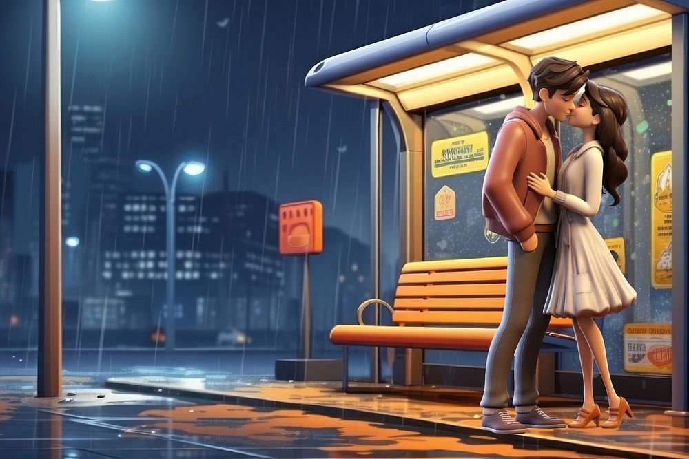 3D couple at bus stop, rainy day remix