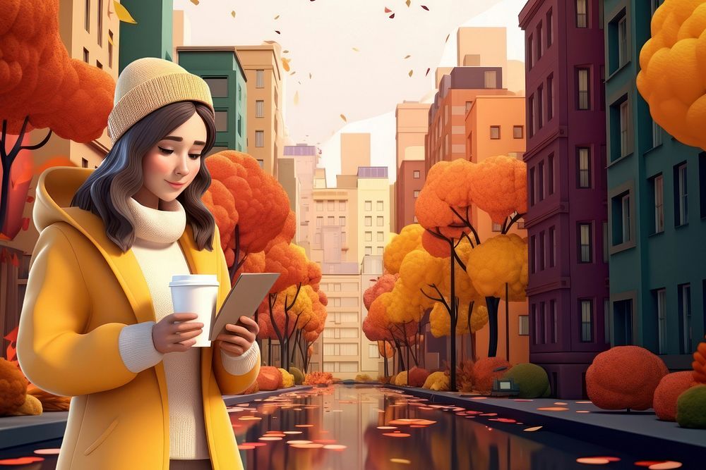 3D woman holding coffee cup, Autumn remix