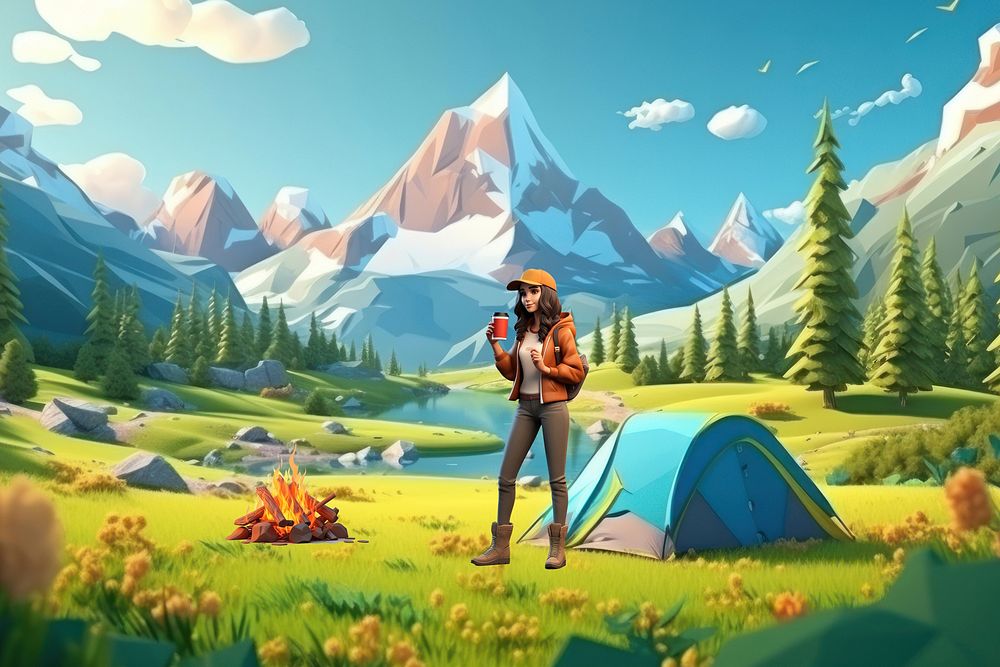 3D woman camping outdoors, travel remix