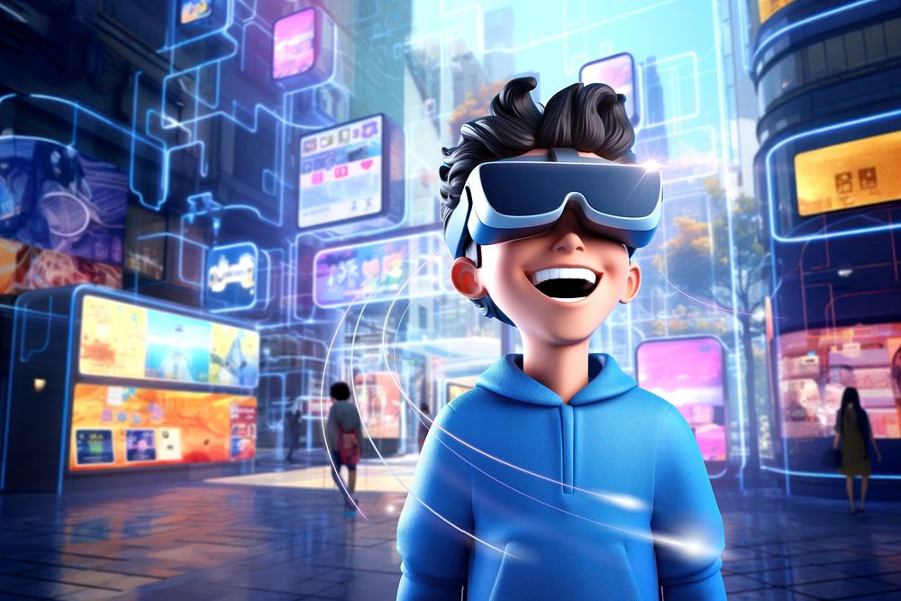 3D boy wearing VR, futuristic world remix
