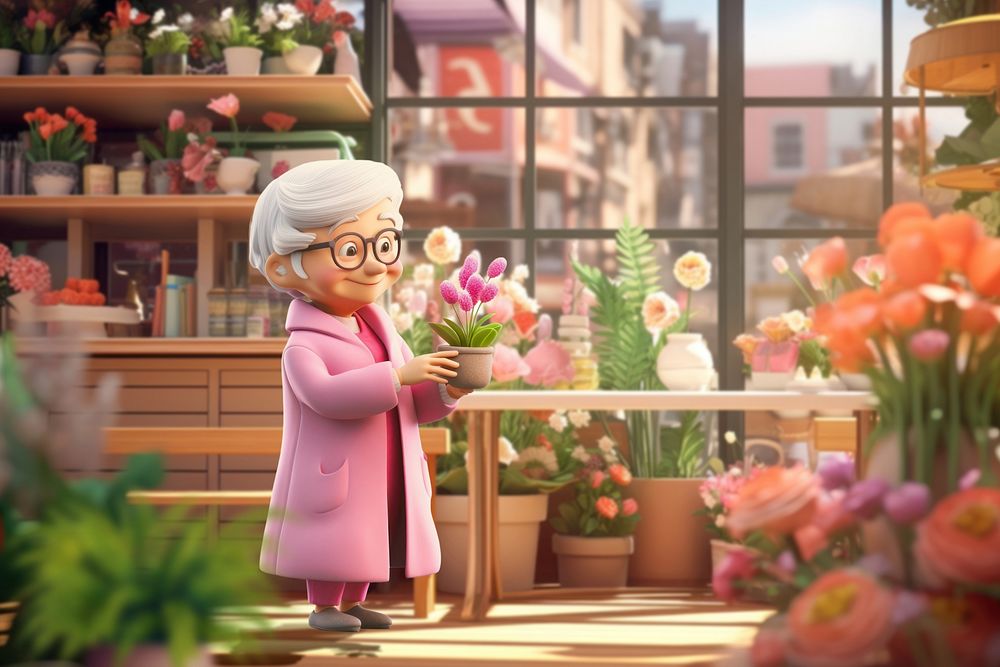 3D elderly woman buying flower remix