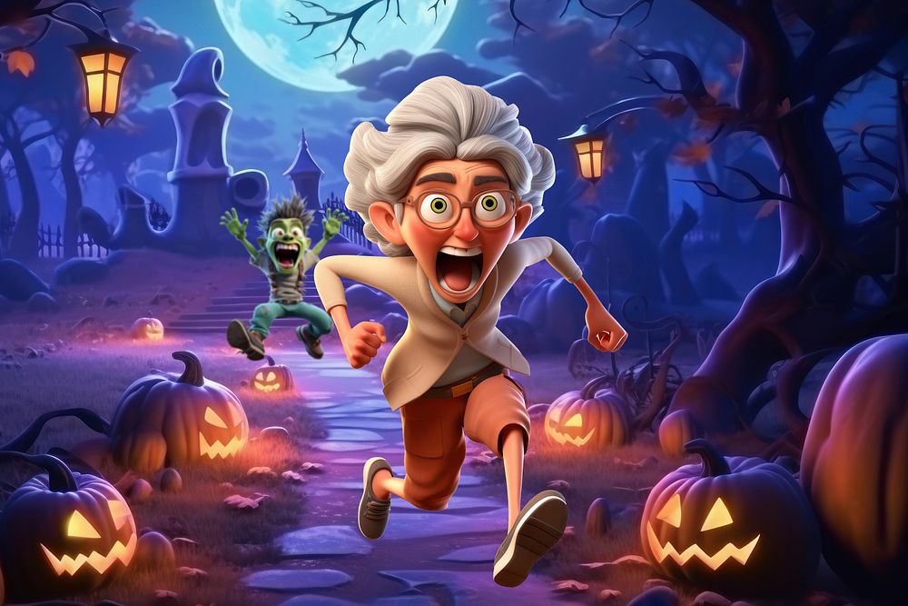 3D old woman running away from zombie remix