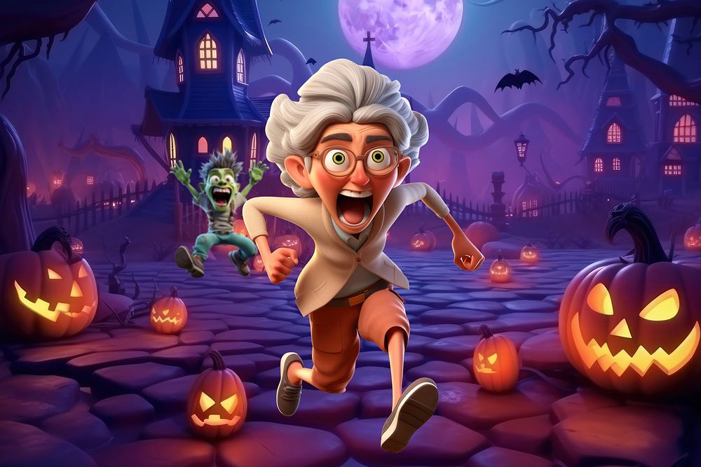 3D old woman running away from zombie remix