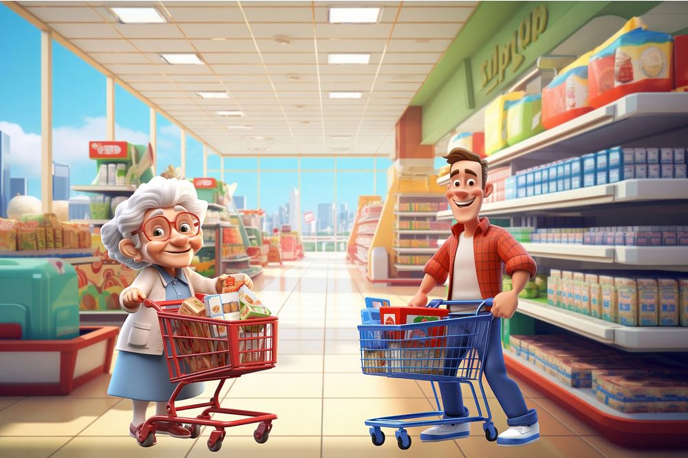 3D people shopping at supermarket remix