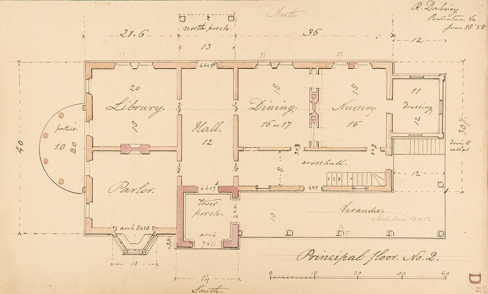 House for R. Dabney, Powhatan, Virginia (plan of principal floor) by Alexander Jackson Davis