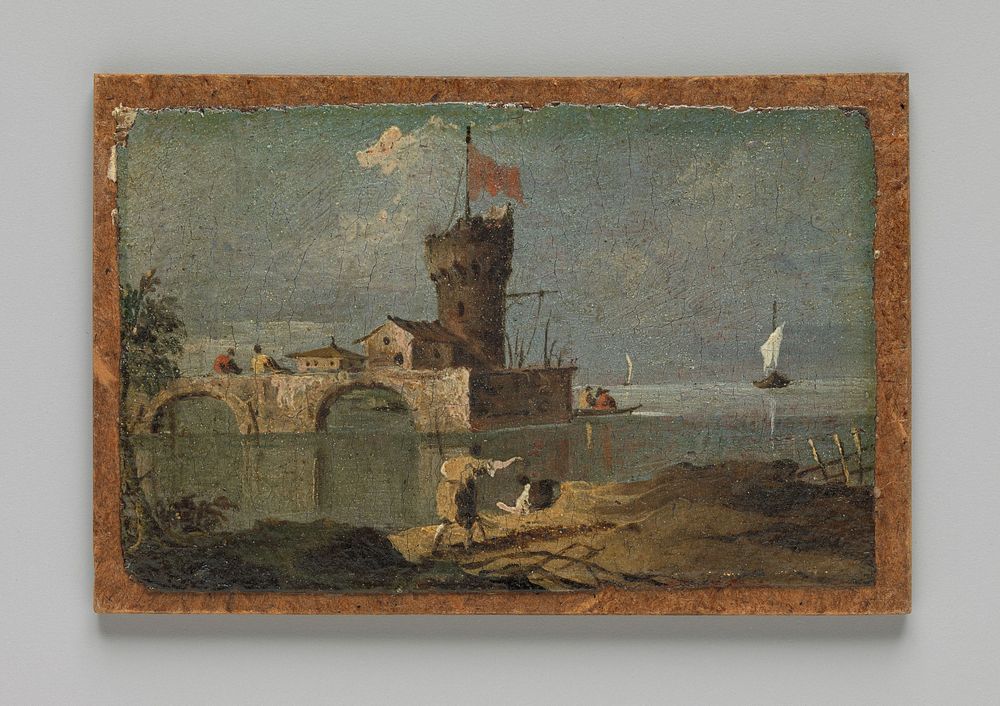 Capriccio with a Circular Tower, Two Houses, and a Bridge, follower of Francesco Guardi