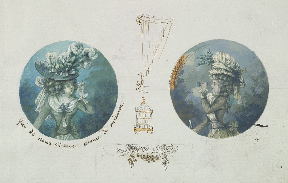 Two Costume Designs or Portrait Studies. Woman with a Bird and a Woman with Binoculars, Anonymous, French, 19th century