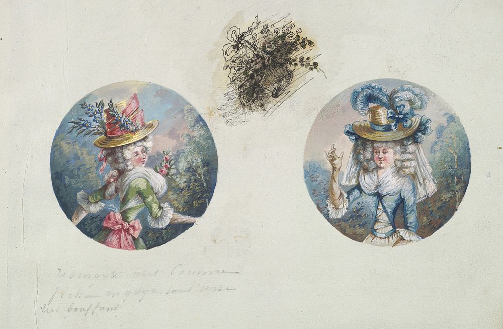 Two Costume Designs or Portrait Types of Two Women with Straw Hats, Anonymous, French, 19th century