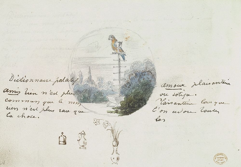 Roundel with Bird in a Landscape and Small Sketches, Anonymous, French, 19th century