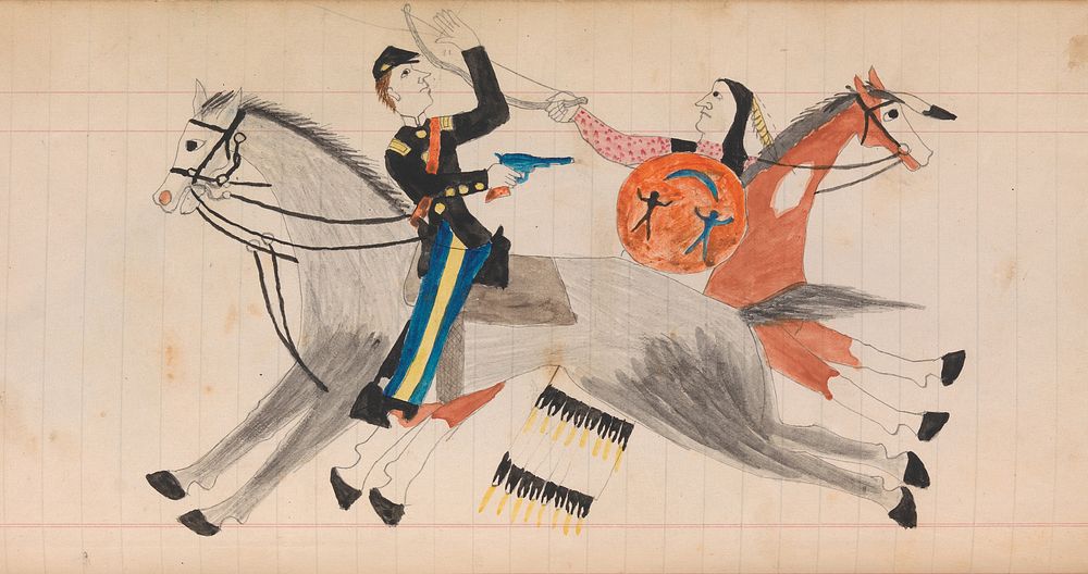 Maffet Ledger: Indian and soldier on horseback, Southern and Northern Cheyenne