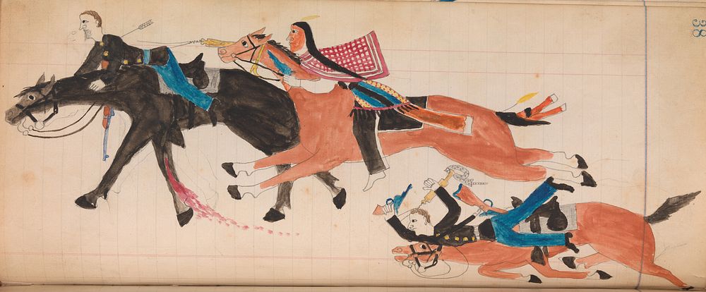 Maffet Ledger: Indian and soldier on horseback, soldier, horse wounded, Southern and Northern Cheyenne