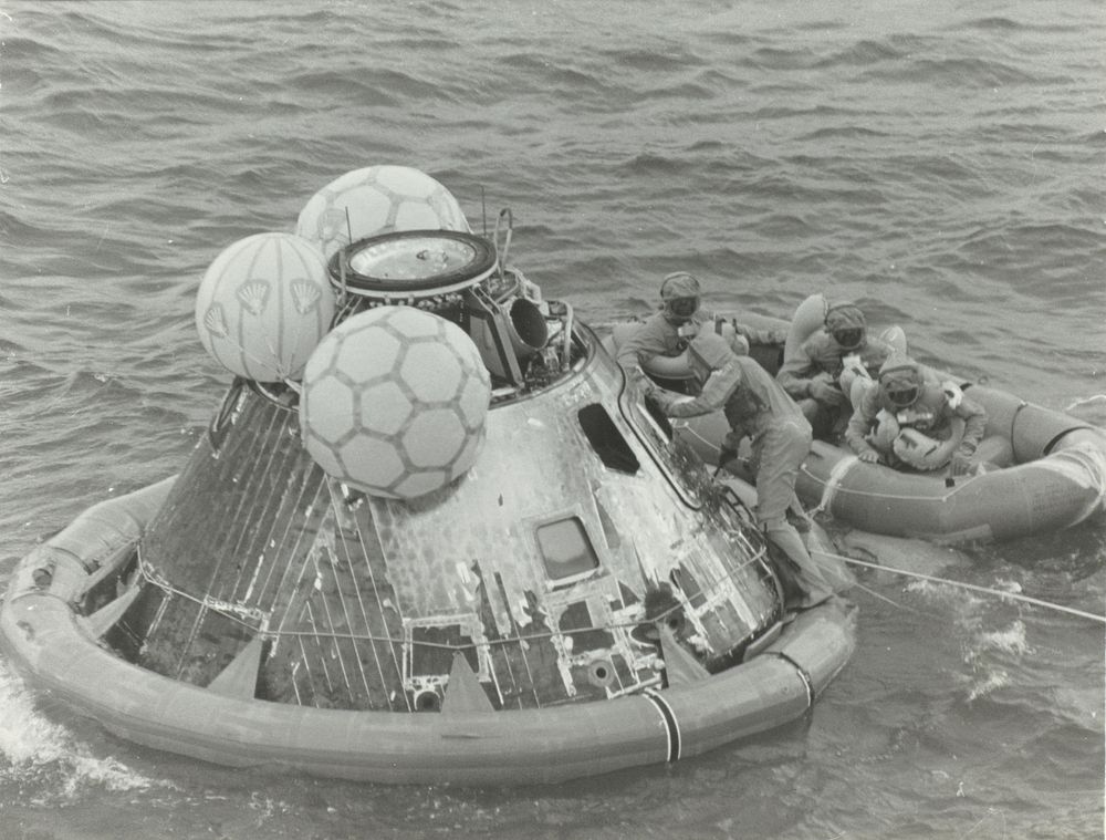 Astronauts in Lifeboat After Apollo 11 Splashdown