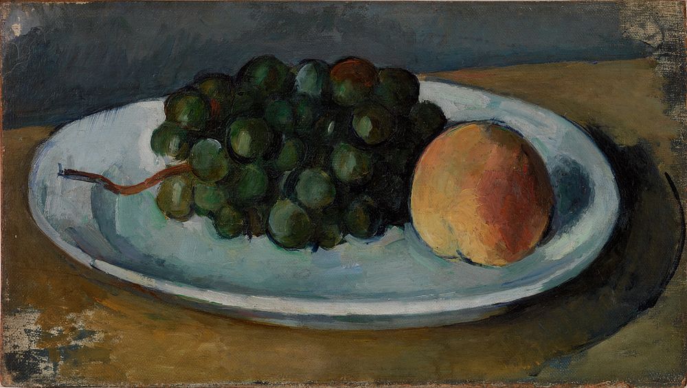 Grapes and Peach on a Plate (Grappe de raisin et pêche sur une assiette) by Paul Cézanne